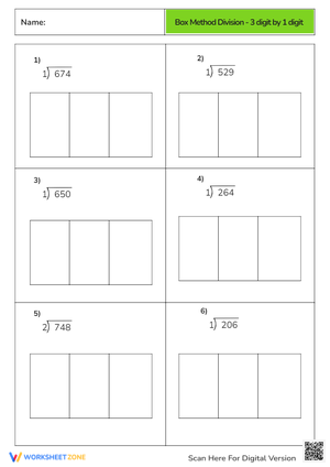 Box Method Division - 3 Digit by 1 Digit Worksheet