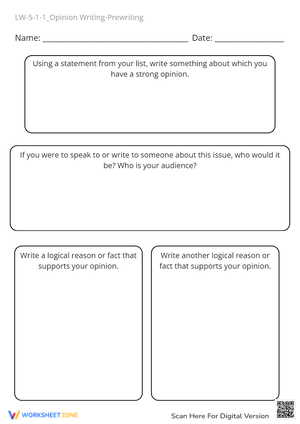 Opinion Writing Prewriting Worksheet - Grades 4-6: Plan Your Essay
