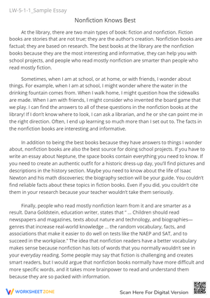Nonfiction Essay: Why Read Facts? Grades 5-8 Worksheet