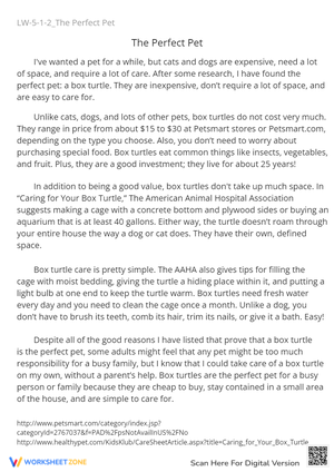 Box Turtle Reading Comprehension - Perfect Pet Worksheet (Grades 4-6)