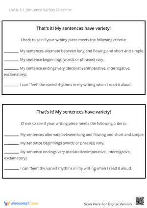 Sentence Variety Checklist - Improve Writing Skills (Grades 6-8)