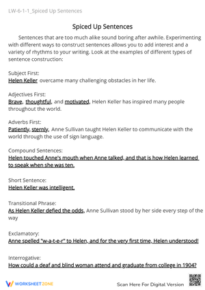 Spiced Up Sentences: Helen Keller - Sentence Structure Practice 5-7