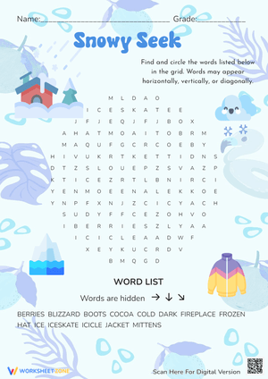 Winter Word Search Puzzle - Snowy Seek Activity for Kids