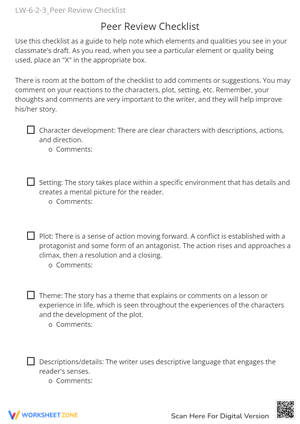 Story Peer Review Checklist - Character, Plot & Setting Feedback