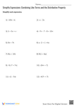Combining Like Terms & Distributive Property - Algebra Practice