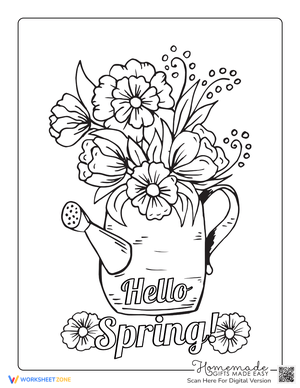 Spring Flowers in Watering Can Coloring Page