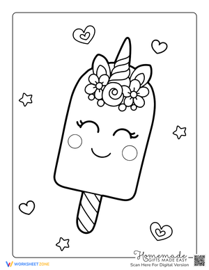 Cute Popsicle with Unicorn Horn Kawaii Coloring