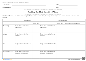 Narrative Writing Revision Checklist - Self & Partner Edit