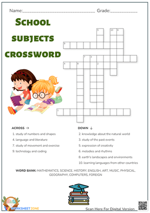 School Subjects Crossword Puzzle - Vocabulary & Definitions Fun