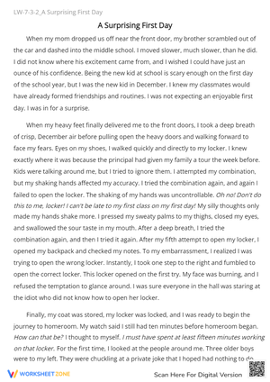 A Surprising First Day' - Reading Comprehension Worksheet (Grades 6-8)