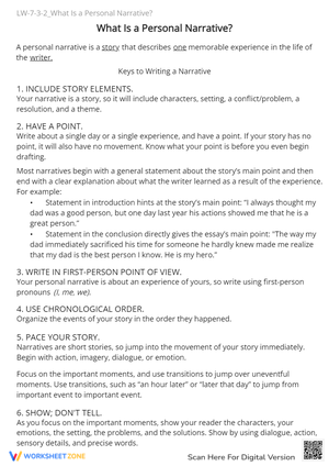 Personal Narrative Writing Guide - Story Elements & Tips Worksheet