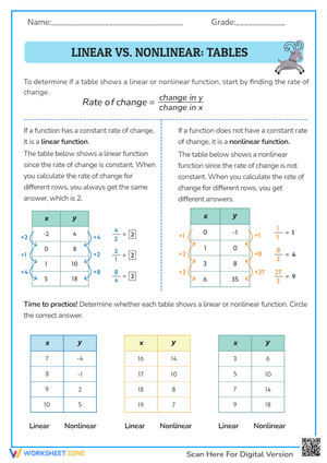Linear vs. Nonlinear Tables: Identify Functions Worksheet