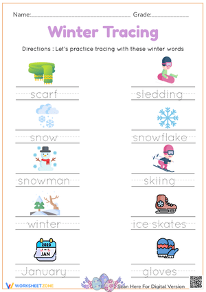 Winter Words Tracing Worksheet - Fine Motor Skills Practice