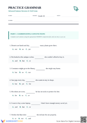 Printable Grammar & Verb Forms Worksheet | Grade 10 ELA