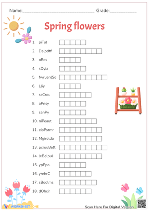 Spring Flower Unscramble Worksheet for Kids