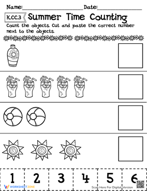Summer Counting Cut and Paste Worksheet