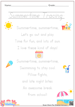 Summertime Tracing Worksheet | Grade 1 Printable