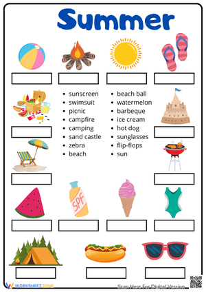 Summer Word Match Activity Worksheet