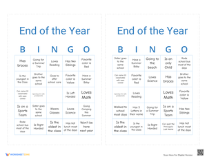 Fun End of Year Bingo Game for Students