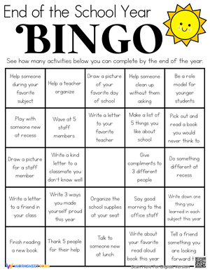 End of Year Summer Bingo for Student Reflection