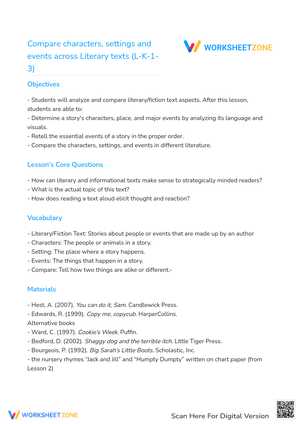 Compare characters, settings and events across Literary texts (L-K-1-3)