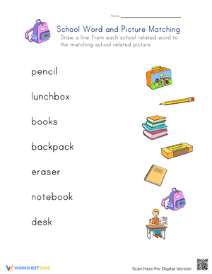 School Word and Picture Matching Activity