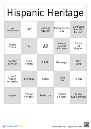 Hispanic Heritage Bingo Cards Activity