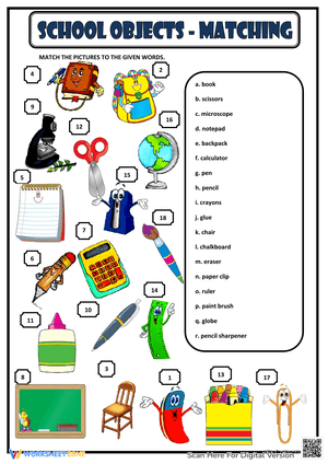 School Objects Matching Worksheet Activity