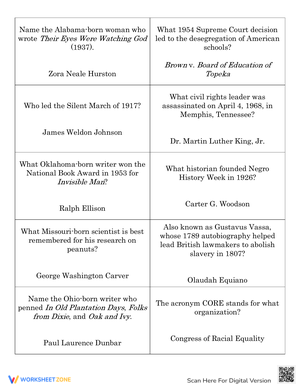 Black History Month Game Cards Worksheet
