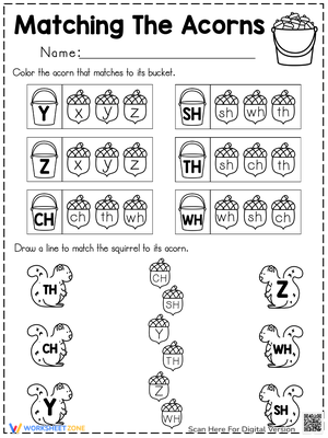Fall Acorns Matching Letters Worksheet for Kids