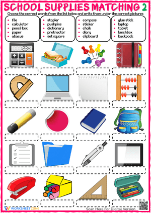 School Supplies ESL Matching Exercise Worksheets 2