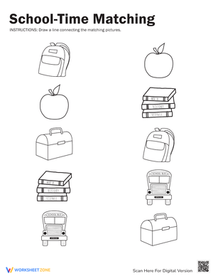 School Time Matching Worksheet for Kids