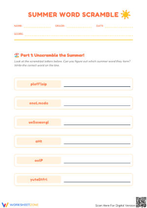 Summer Word Scramble Worksheet | Grade 3-4 Essential