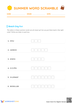 Summer Word Scramble Worksheet | Grade 5-6 Essential