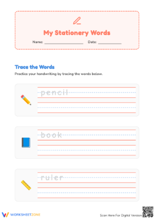 Stationery Words Tracing — Printable Kindergarten Worksheet