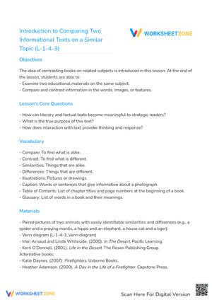 Introduction to Comparing Two Informational Texts on a Similar Topic (L-1-4-3)