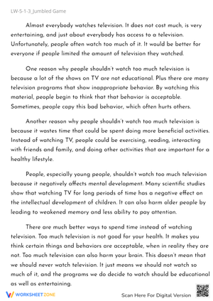 Jumbled Game: TV's Effects - Reading Comprehension Worksheet
