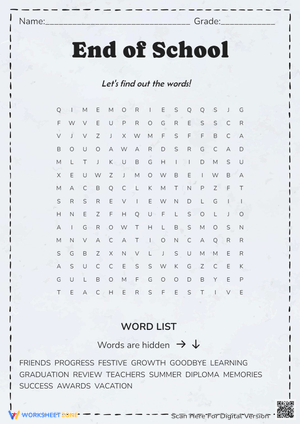 End of School Word Search Puzzle