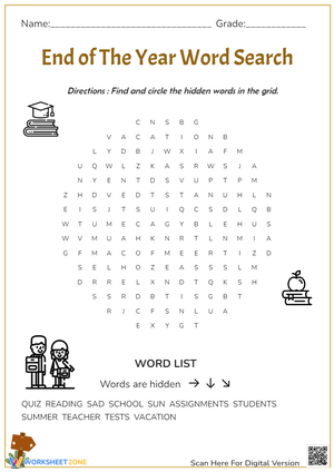 End of School Year Word Search for Students
