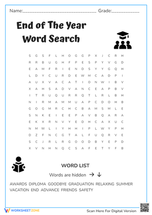 End of Year Word Search: Graduation & Summer