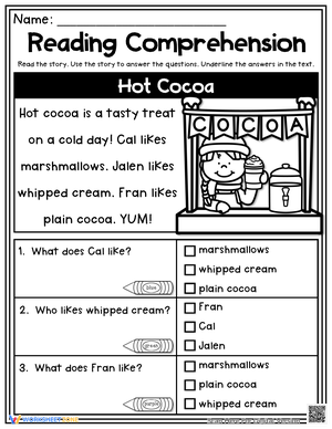 Hot Cocoa Reading Comprehension Worksheet