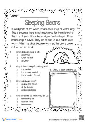 Winter Reading: Sleeping Bears Worksheet