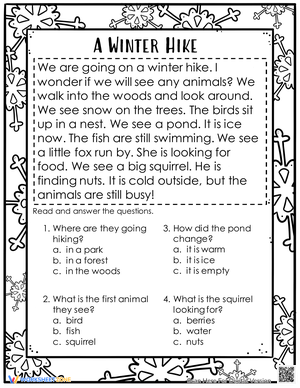 Winter Hike Reading Comprehension Worksheet