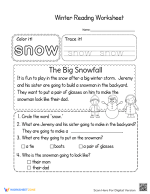 The Big Snowfall Winter Story Worksheet