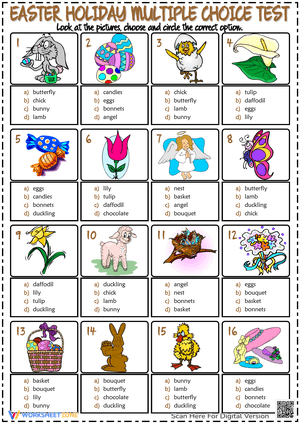 Easter Holiday ESL Printable Multiple Choice Test For Kids
