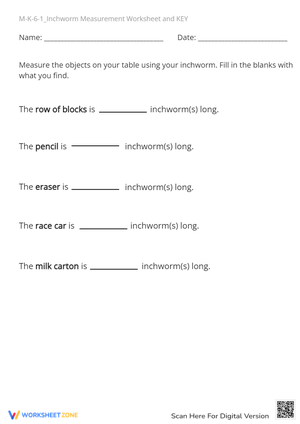 Inchworm Measurement Worksheet for Kids