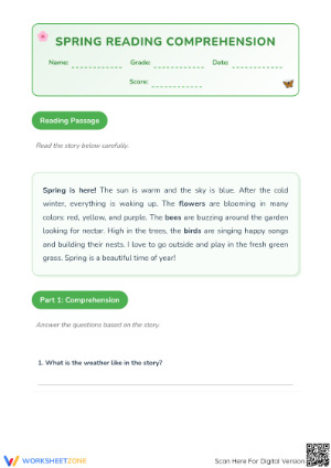 Grade 1 Spring Reading — Printable No-Prep Worksheet