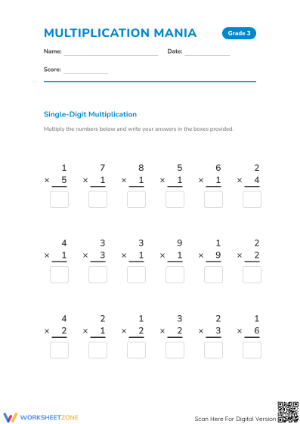 Grade 3 Single-Digit Multiplication Printable Worksheet