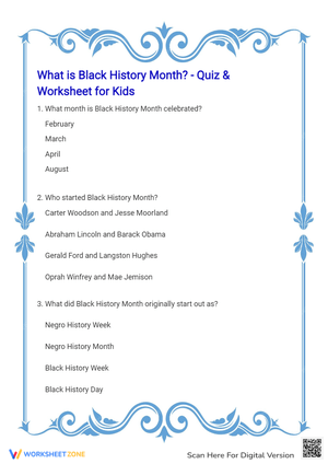 Black History Month Quiz - Printable Worksheet for Kids Grades 2-5