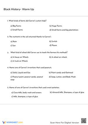 Black History Multiple Choice Worksheet